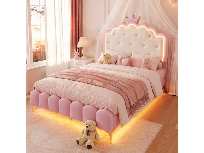  Lit enfant double 140×200 cm led réglable  - sans matelas, pu rose, forme couronne et pieds métal  - Conforama B