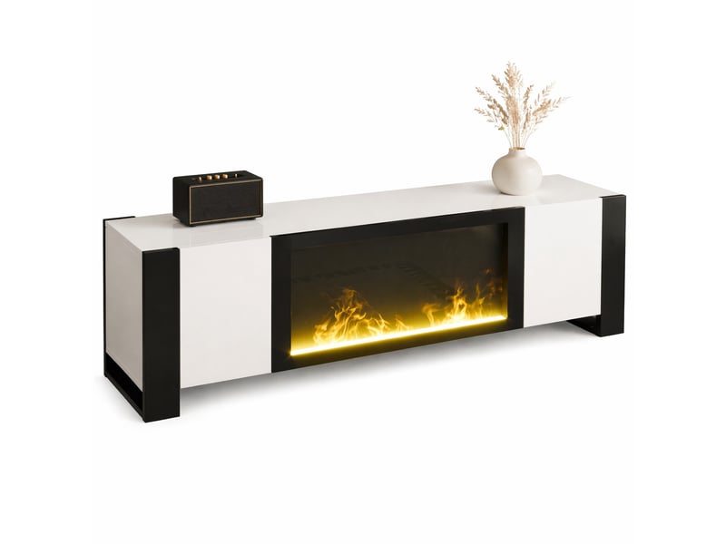  Meuble tv modenvie avec cheminée électrique décorative 165 x 32 x 55 cm blanc et noir  - Conforama A