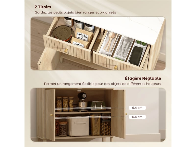 Buffet, meuble de rangement cannelé avec plateau effet marbre, 2 tiroirs, 2 portes, étagère réglable, chêne, 77x30x80cm - Conforama R