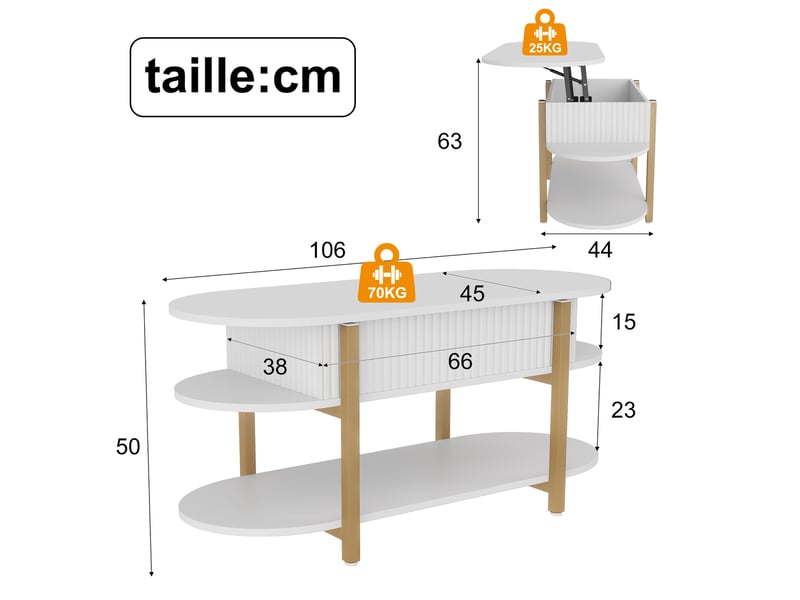  Table basse réglable en hauteur, plateau ovale, espace de rangement dissimulé, 106x50x45 cm, blanc  - Conforama C