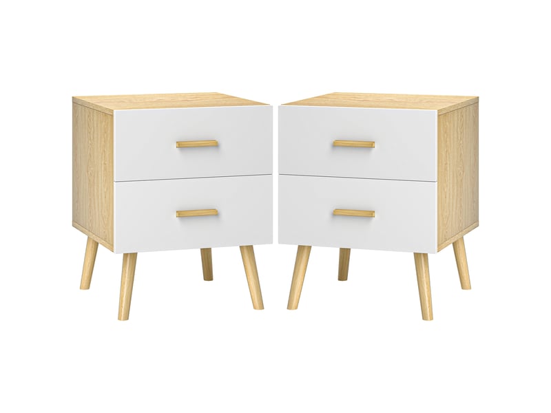  Ensemble de deux tables de chevet avec tiroirs et poignées en bambou, idéal pour le salon ou la chambre, en chêne.  - Conforama B