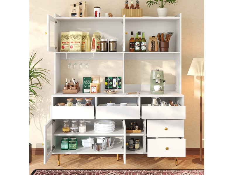 Buffet haut modenvie 145 x 39 x 171 cm avec portes en verre strié, range-verres, rangements multiples, blanc et accents dorés - Conforama E