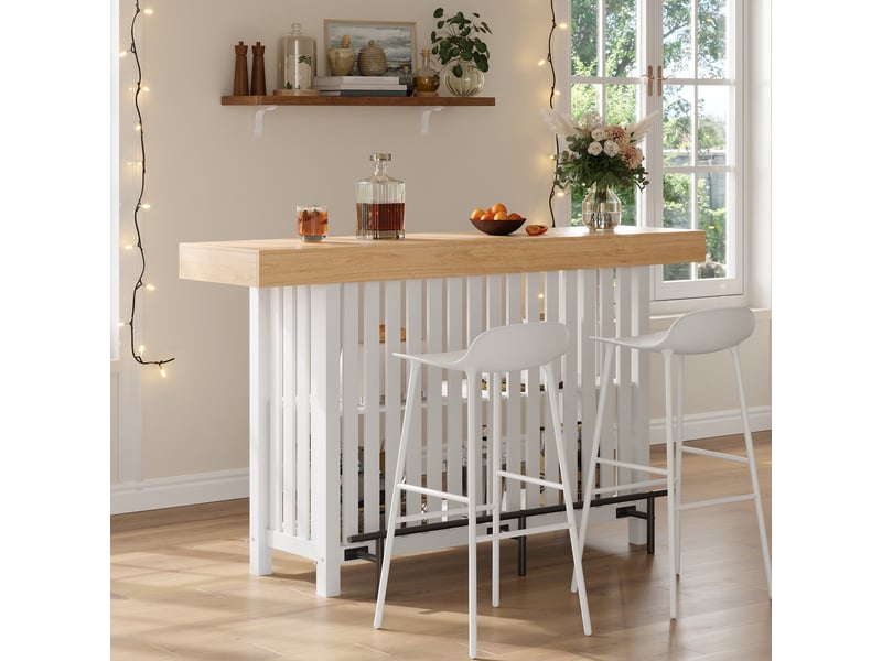  Table de bar haute 160 x 40 x 105 cm, 2 étagères et repose-pieds, mdf, blanc et effet bois Sol Morn - Conforama B