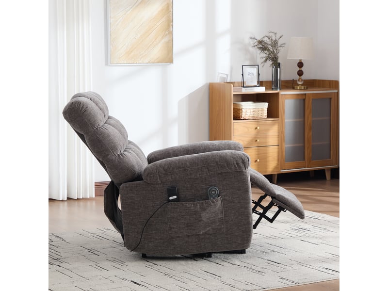  Fauteuil releveur électrique gris en tissu chenille, massage chauffant, dossier inclinable et repose-pieds pour salon  - Conforama E