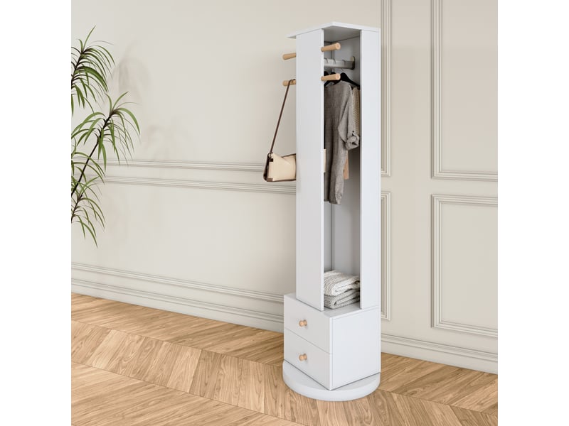  Miroir pleine longueur sur pied pivotant 360° avec portemanteau et tiroirs de rangement, blanc  - Conforama W