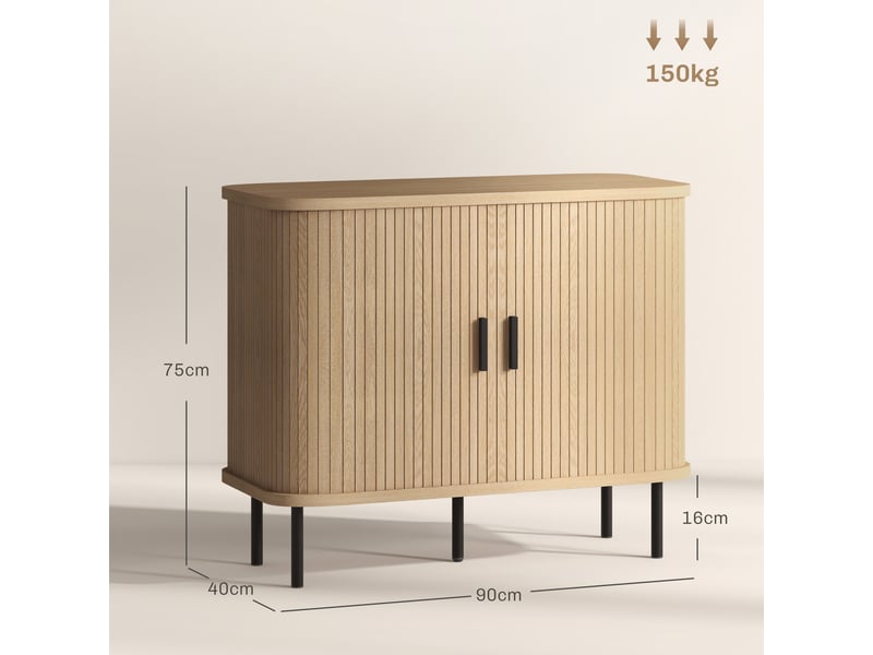  Buffet avec portes coulissantes à lattes, meuble de cuisine avec pieds en acier, aspect chêne  - Conforama E