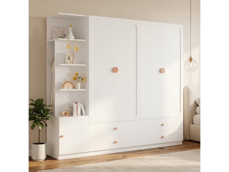 Grande armoire 200 x 225 x 45 cm avec 3 penderies, 4 tiroirs et nombreux compartiments, meuble multifonction à portes battantes au design moderne pour chambre - blanc OPULERANE TRADING LTD - Conforama E