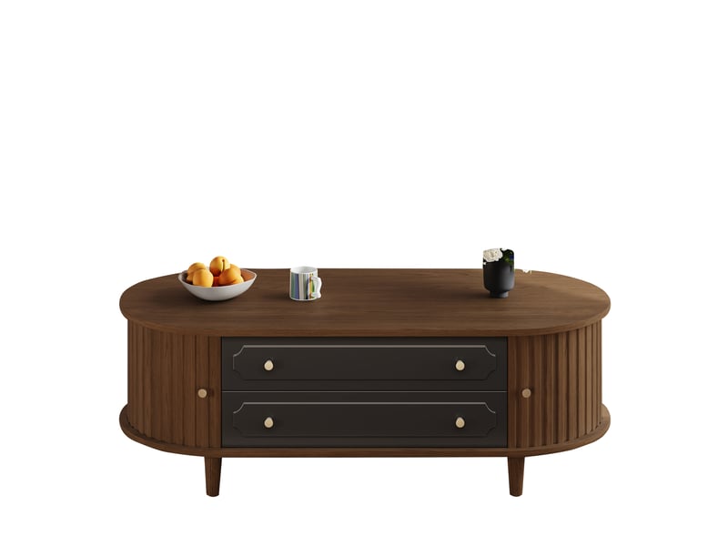  Table basse de salon 100 x 50 x 36 cm, finition noyer. Table basse avec deux tiroirs, console avec porte enroulable, table d'appoint, table de salon à 4 pieds, finition noyer et noir.  - Conforama A