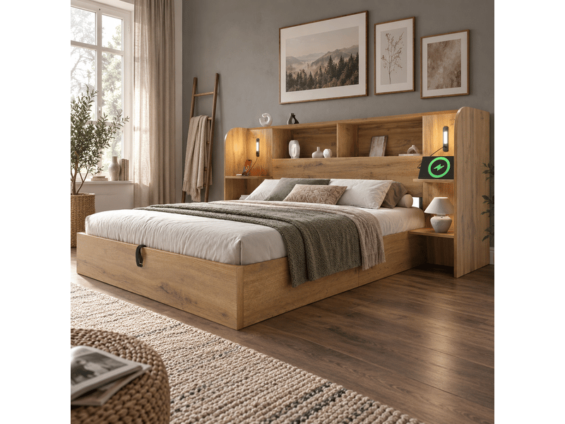  Lit double en bois 180x200 cm,lit coffre hydraulique avec rangement,étagères de tête de lit,éclairage led,port usb,sans matelas,chêne  - Conforama W