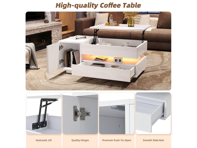  Table basse relevable avec 1 tiroir, 1 porte et led, rangement caché, pour salon, 90 × 50 × 34,5 cm, blanc  - Conforama E