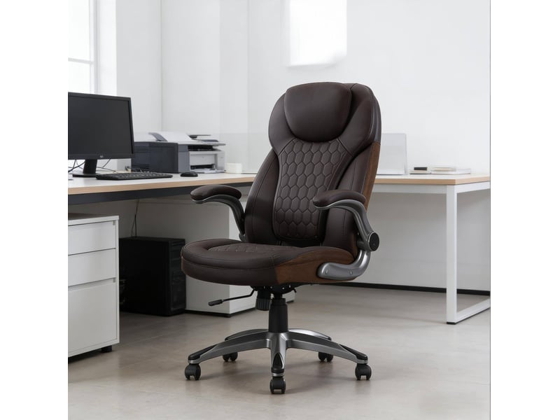  Chaise de bureau haute marron en cuir régénéré et maille, hauteur réglable, accoudoirs rabattables et bascule  - Conforama B