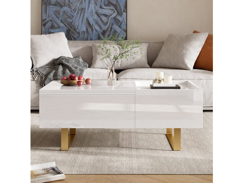  Table basse relevable avec 1 tiroir et 1 rangement caché, finition brillante, en mdf, blanc, 100 × 50 × 54,5 cm  - Conforama B