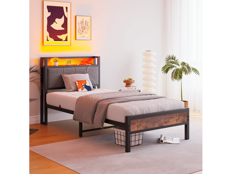  Lit simple 90x200 cm, couleur marron+noir, mdf et métal, led équipé de prise et usb  - Conforama B