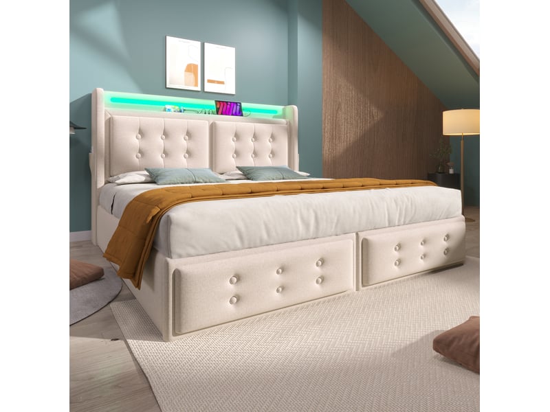  Lit coffre 140 x 200 cm beige avec matelas, led et recharge usb-c  - Conforama D