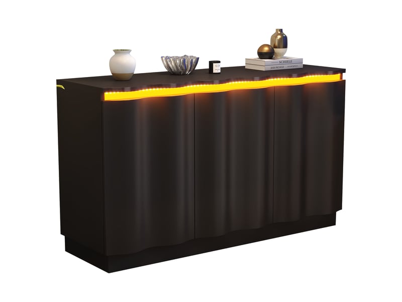  Buffet 120x35x69,5 cm avec led rgb bluetooth et commande par application, meuble de rangement à façade ondulée, 3 portes et étagères réglables, noir OPULERANE TRADING LTD - Conforama A