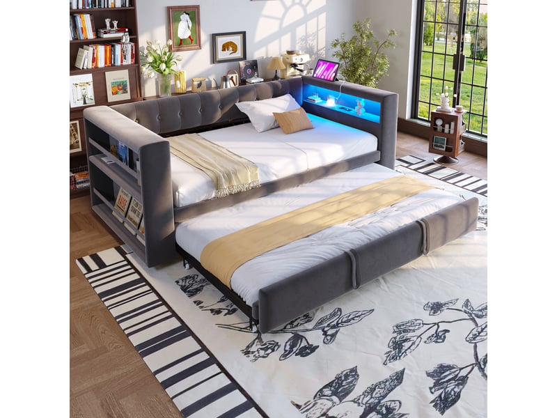  Modenvie canapé convertible 90180x190 cm - led multicolore, prise intégrée, rangement - pour salon - gris  - Conforama B