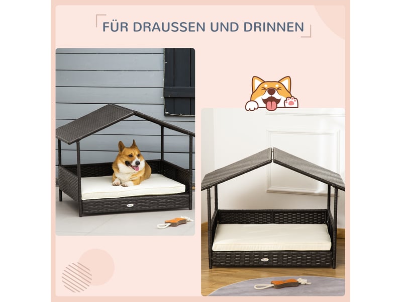 Niche extérieure en rotin pe 98 x 69 x 73 cm – marron – coussin amovible imperméable avec toit protecteur - Conforama E
