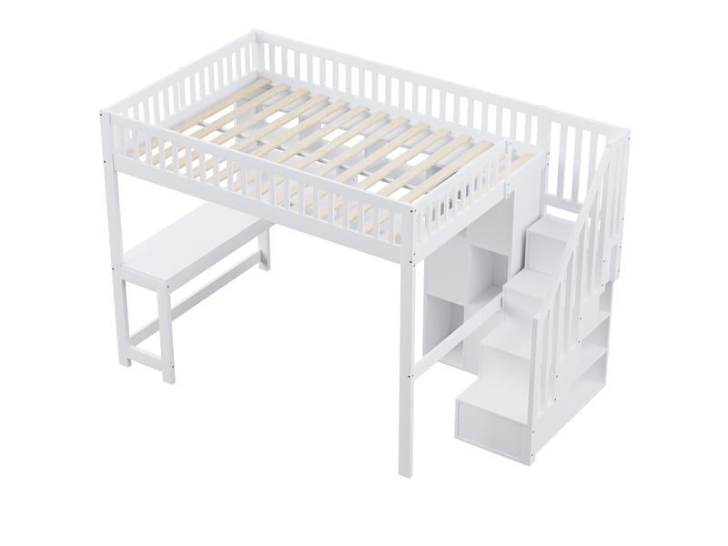  Lit mezzanine blanc 140x200 cm, led, bureau, escalier-rangement et étagères  - Conforama E