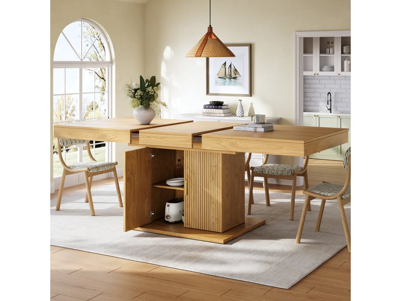  Table à manger extensible 140-180 cm avec rangement intégré en mdf, finition bois  - Conforama E