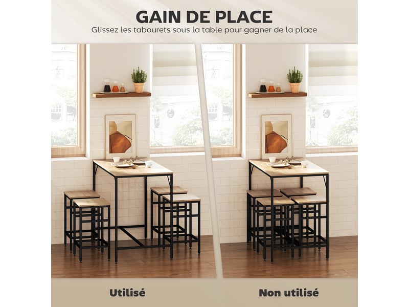  Ensemble table de bar industriel + 4 tabourets cadre en métal noir repose-pieds en bois couleur chêne clair  - Conforama A