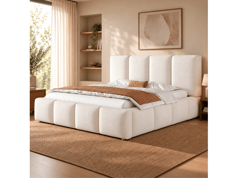  Lit coffre 160x200 cm en tissu bouclé blanc avec tête de lit  - Conforama D