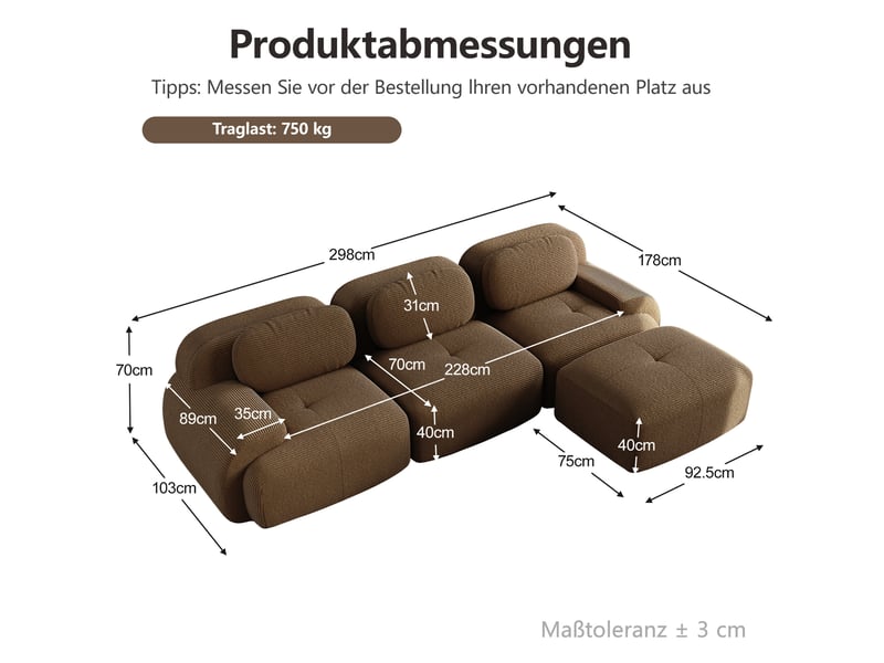  Canapé d'angle ulevr modulable 3 places sans montage, 298 x 178 cm, velours côtelé marron, mousse 32d  - Conforama C