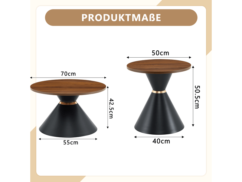  Tables basses gigognes 70x42,5+50x50,5 cm, design conique, empilables pour salon et pour bureau, métal, noyer et noir  - Conforama C