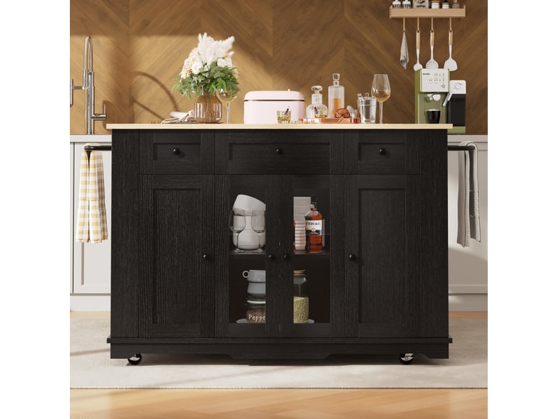  Desserte 151,5x60x91,7 cm, îlot de cuisine, plateau pliable, tiroirs et portes, en mdf et verre trempé, noir et bois  - Conforama B