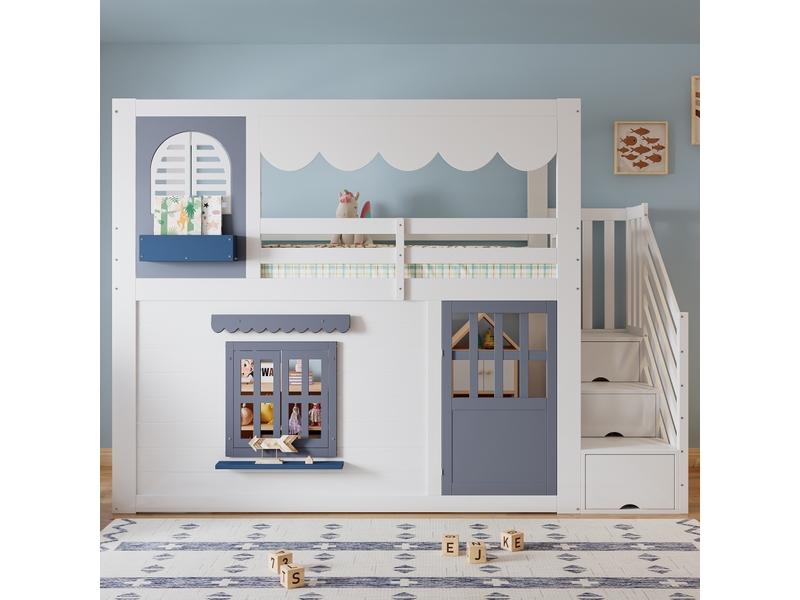 Lit mezzanine enfant 90x200 cm, forme maison, escalier avec rangement, porte et fenêtres, barrière de sécurité, pin et mdf, blanc et bleu OMNIGLINT TRADING LTD - Conforama D