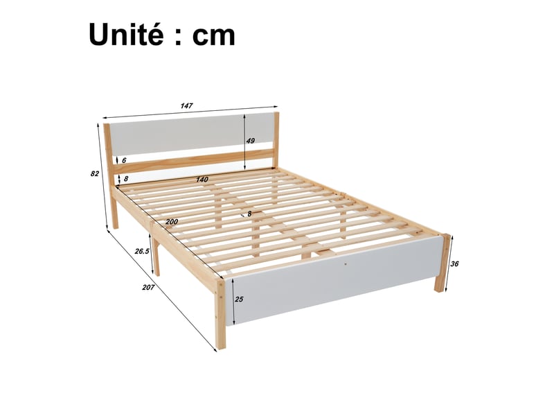  Lit double 140x200 cm - lit classique avec tête et pied de lit - pin + mdf - sans matelas - blanc + naturel  - Conforama C