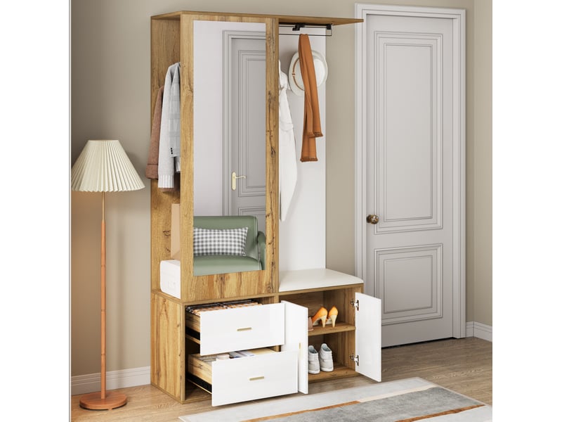  Ensemble vestiaire d’entrée ulevr avec rangement, miroir, banc à chaussures et penderie extensible 100 x 38 x 180 cm blanc et bois naturel  - Conforama D