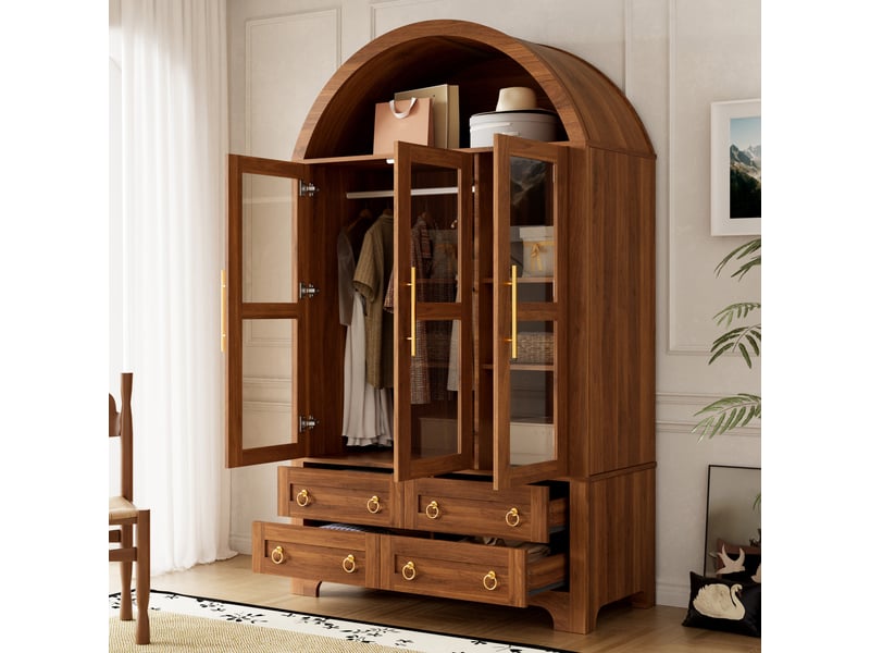 Armoire penderie 110x50x186 cm - éclairage led - grand rangement - portes vitrées - 4 tiroirs - 3 portes - mdf - bois naturel et noir CozyNest - Conforama C