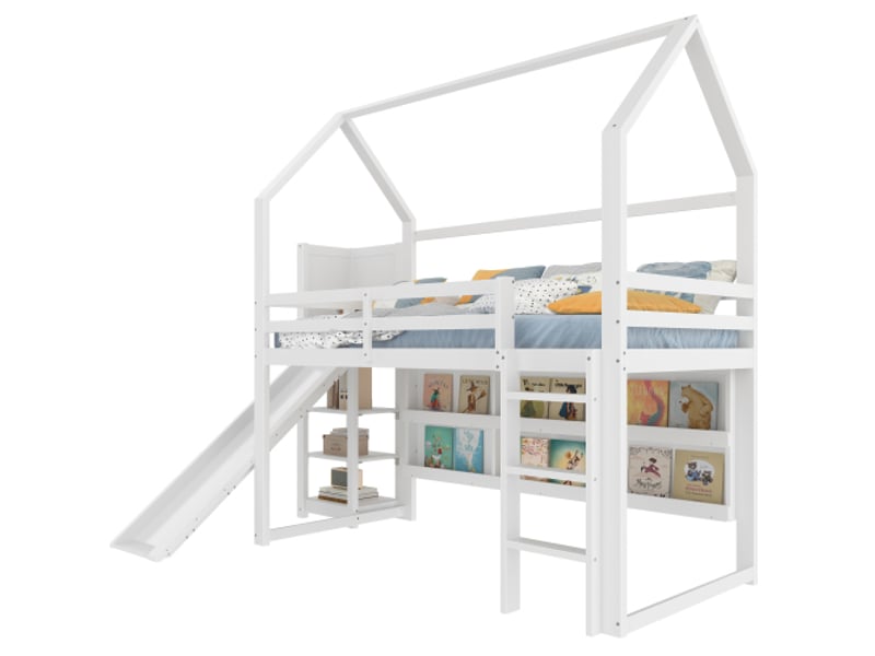 Lit mezzanine 90x200 cm, avec bande led, en forme de maison, étagères, barrière, sans matelas, blanc - Conforama A