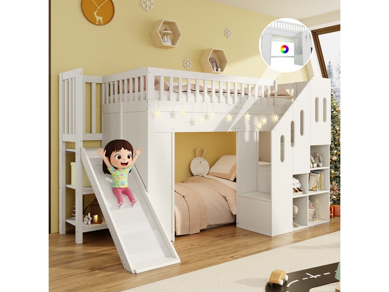  Lit superposé mezzanine enfant 90x200cm avec toboggan, escalier de rangement, barrière anti-chute et éclairage led, pin massif, blanc evarich - Conforama B