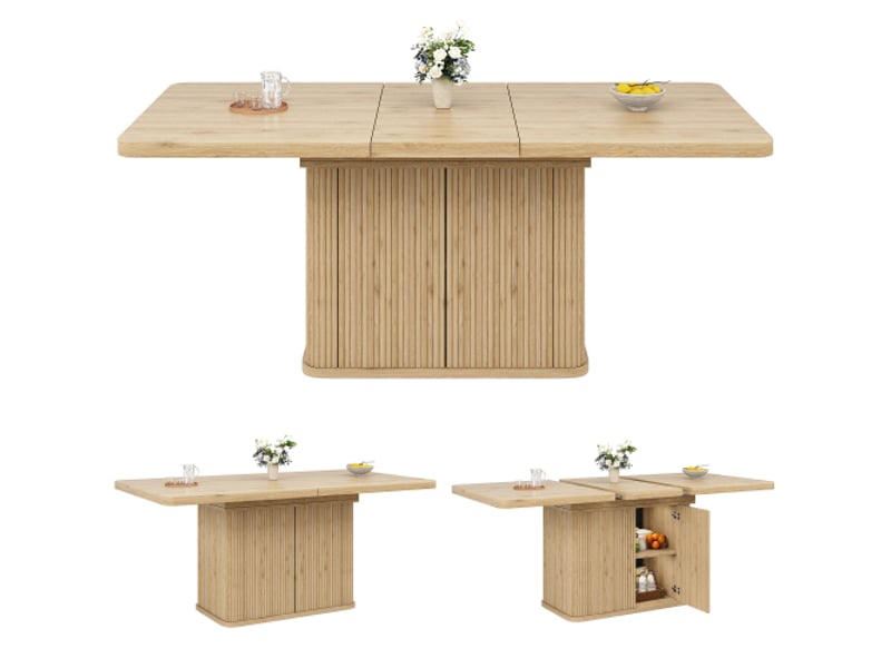  Table à manger extensible 140-180 cm avec rangement caché, finition bois clair  - Conforama A