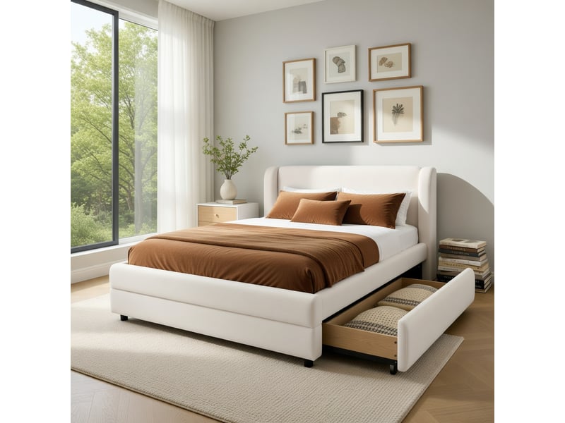  Lit d'enfant 90 x 200 cm, avec tiroir de rangement, prise usb, tissu chenille, beige  - Conforama B
