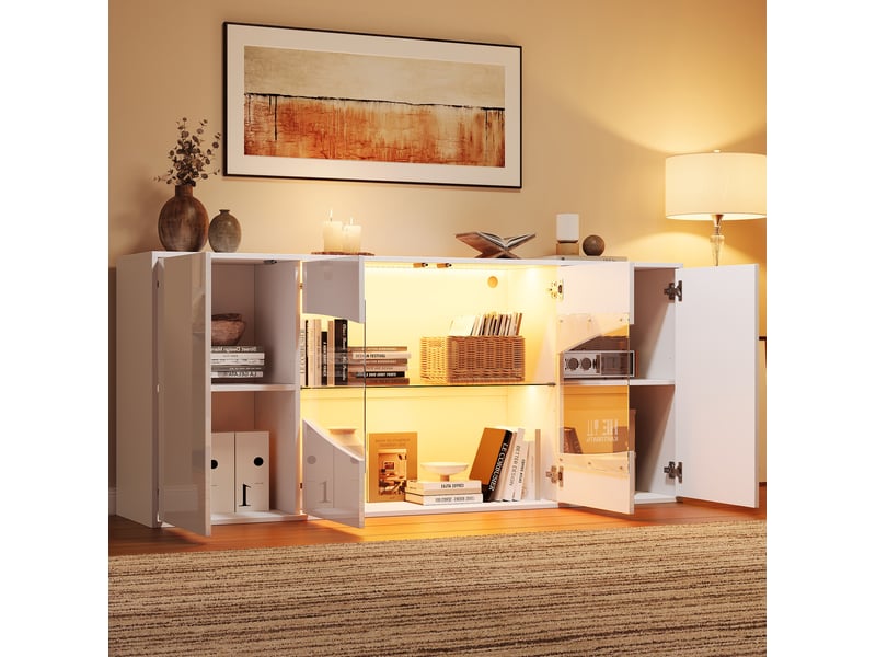  Buffet bas 160x35x70 cm blanc brillant avec led rgb et 4 portes  - Conforama E