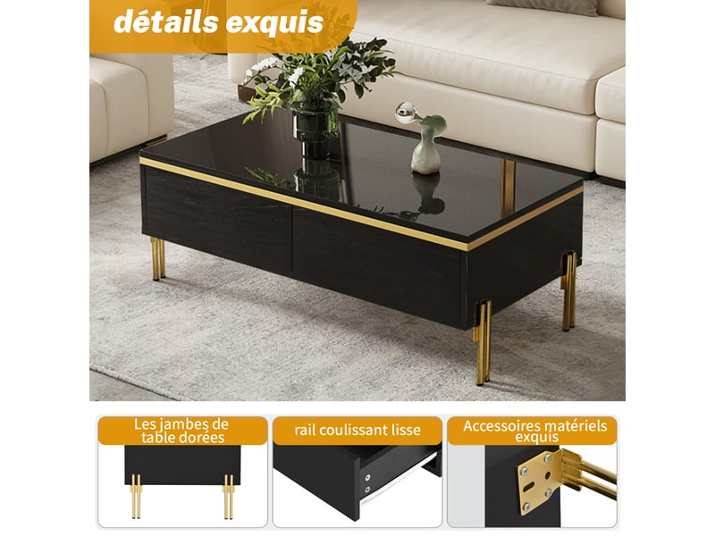  Table basse avec 2 tiroirs de rangement pour salon 100×50×36 cm en panneaux de particules noir  - Conforama C