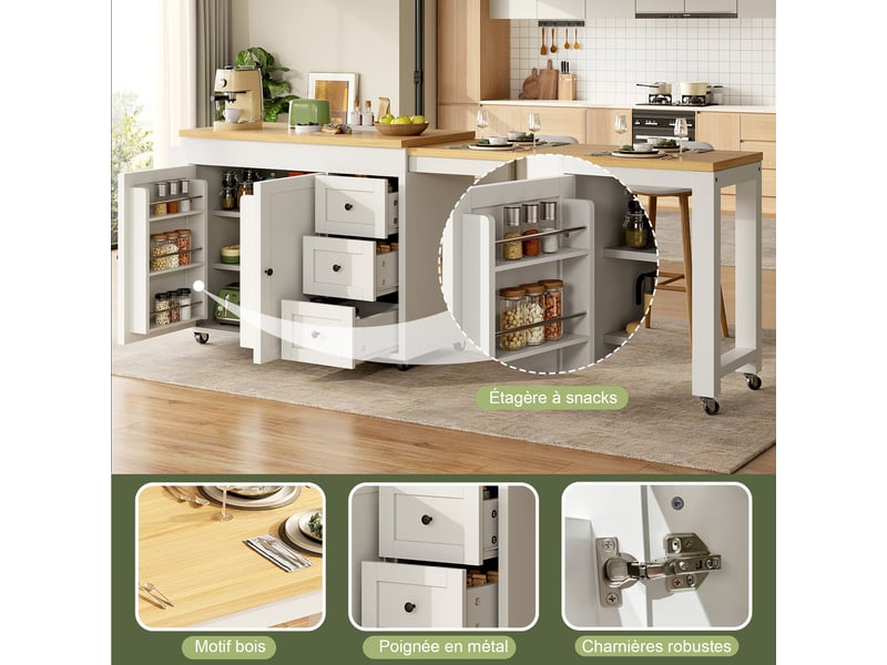  Îlot de cuisine extensible 116 à 179,5 x 45 x 89 cm avec plateau coulissant, 3 tiroirs, rangements latéraux et roulettes, blanc  - Conforama B