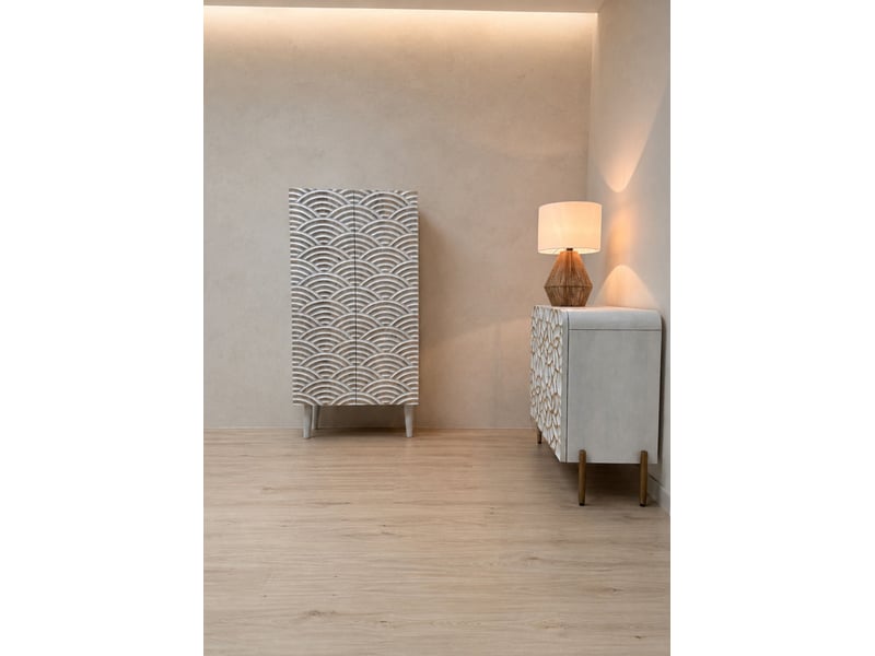 Buffet à 2 portes en bois de manguer patiné blanc avec pieds dorés  - Conforama E