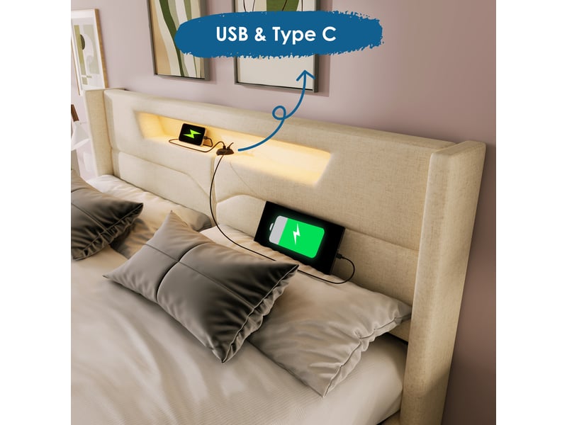  Lit double led avec rangement, usb-c, lin beige, 160x200 cm avec matelas  - Conforama E