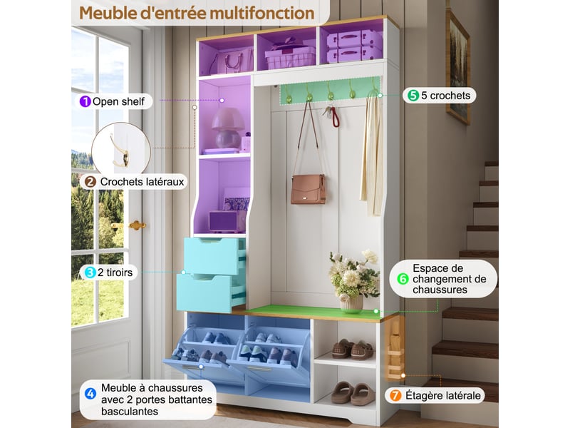  Meuble à chaussures avec banc patères en métal et éclairage led par application pour entrée  - Conforama C
