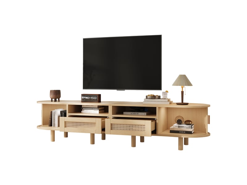  Meuble tv ovale effet bois 170x40x40 cm avec 2 tiroirs rotin et 2 portes coulissantes pour tv jusqu'à 70 pouces  - Conforama E