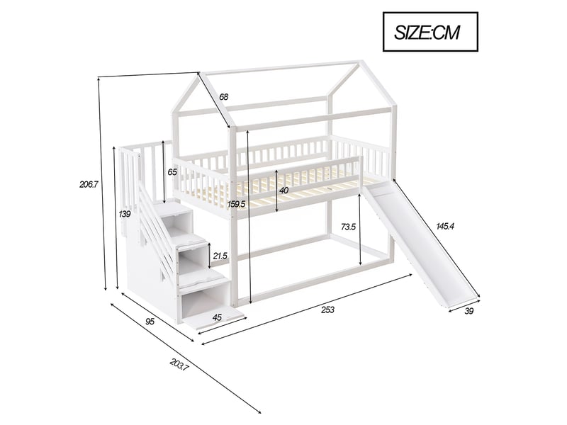  Modenvie lit mezzanine enfant 90x200 cm - avec toboggan, échelle de rangement - sommier inclus - blanc  - Conforama C