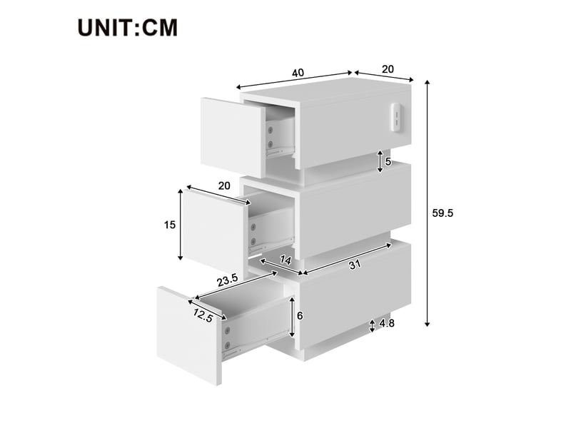  Lot de 2 tables de chevet étroites led avec 3 tiroirs, usbusb-c, blanches, 20x40x59,5 cm  - Conforama C