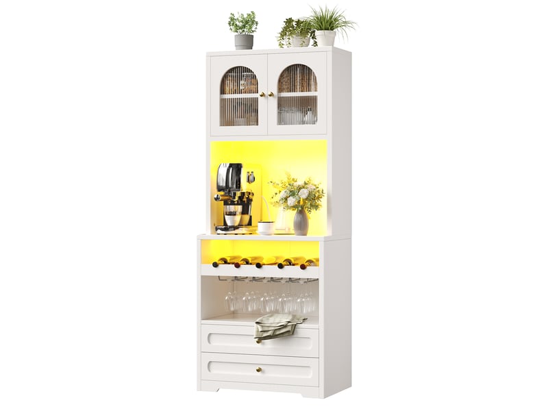  Vaisselier haut 180 cm avec vitrine en verre cintré et éclairage led intelligent connecté – meuble bar avec porte-bouteilles, étagères réglables et port usb pour salon et salle à manger – blanc  - Conforama A