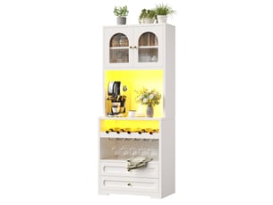 Vaisselier haut 180 cm avec vitrine en verre cintré et éclairage led intelligent connecté – meuble bar avec porte-bouteilles, étagères réglables et port usb pour salon et salle à manger – blanc