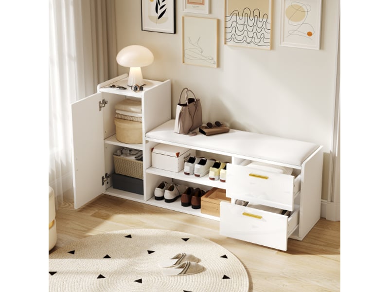 Meuble à chaussures banc laqué blanc 128 cm, 2 tiroirs, 1 porte, assise rembourrée - Conforama W