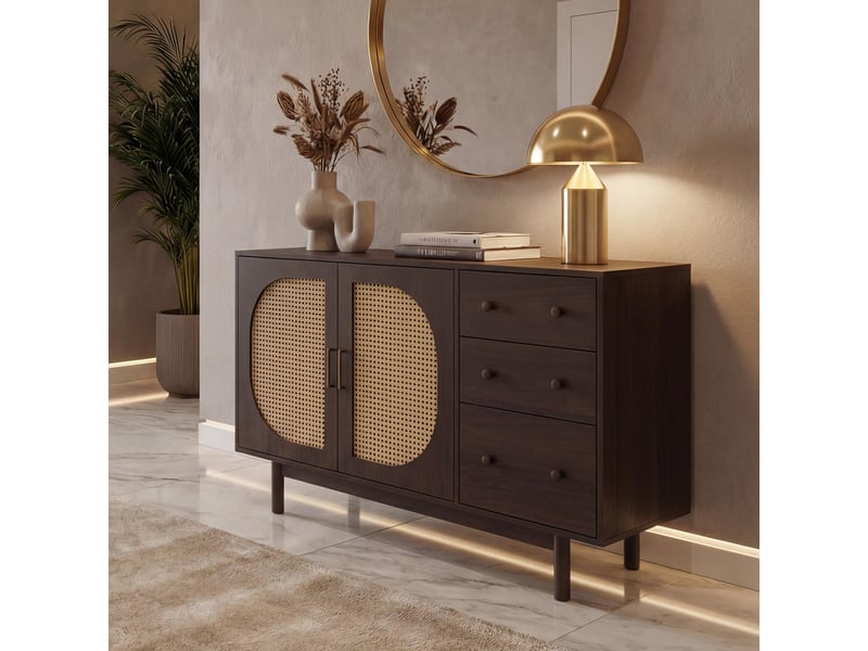 Buffet hwc-p52, armoire, commode, buffet haut, tiroirs, compartiments de rangement, polyrotin, mdf mélaminé, 80 x 120 x 40 cm ~ aspect noyer  - Conforama B