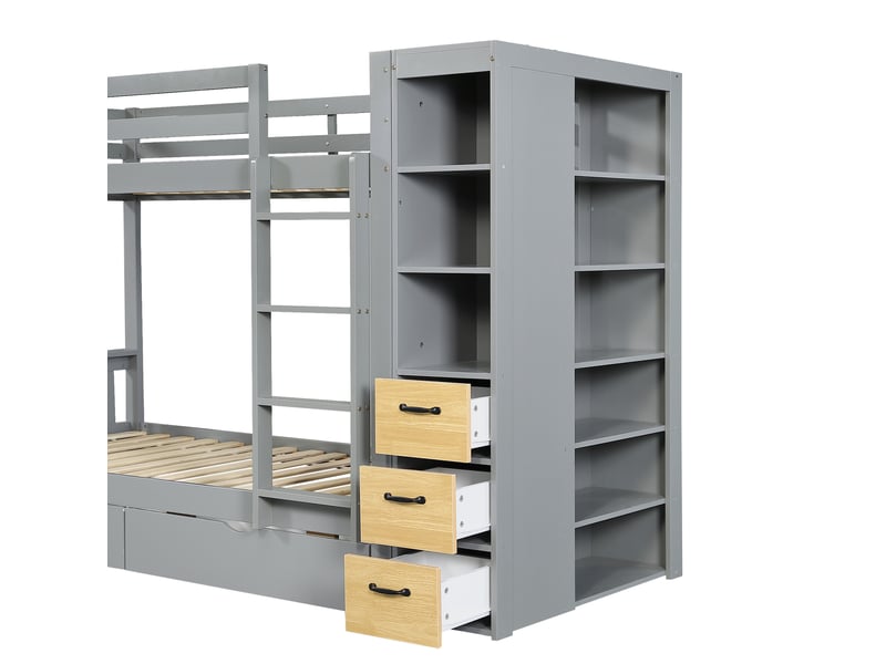  Lit superposé 90x200 cm avec rangements en bois et mdf couleur gris clair et naturel, sans matelas, design moderne  - Conforama E